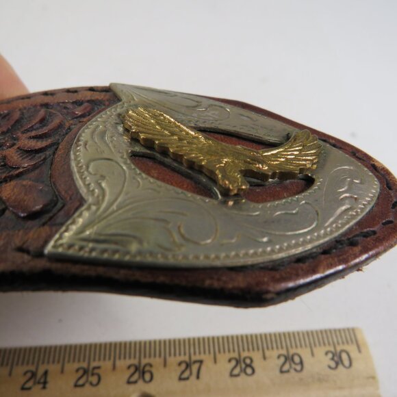 VTG Brown Eagle Leather Belt metal tips tooled size 36 & 1 1/2" wide - Picture 9 of 15